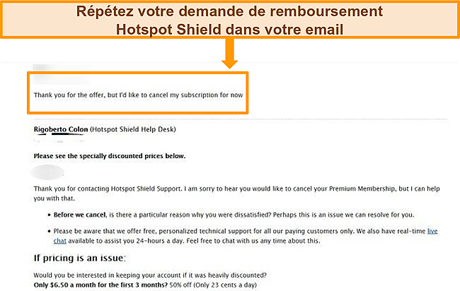 Capture d'&eacute;cran du formulaire de ticket par e-mail Hotspot Shield pour remboursement.
