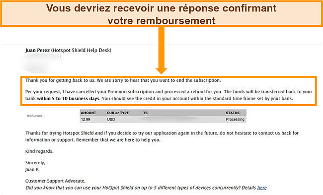 Capture d'&eacute;cran de l'e-mail de confirmation de remboursement Hotspot Shield.