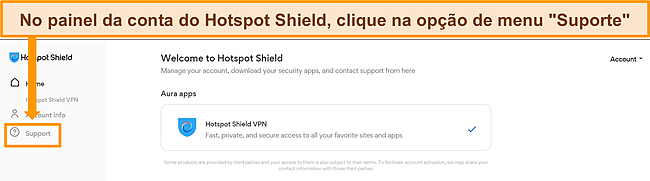 Captura de tela do painel da conta do Hotspot Shield com a op&ccedil;&atilde;o Suporte destacada.