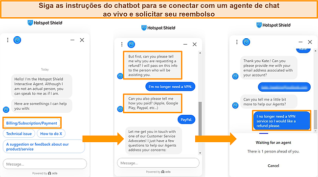Captura de tela das intera&ccedil;&otilde;es do chatbot do Hotspot Shield.