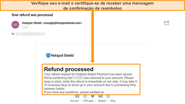 Captura de tela de um e-mail de confirma&ccedil;&atilde;o de reembolso do Hotspot Shield.