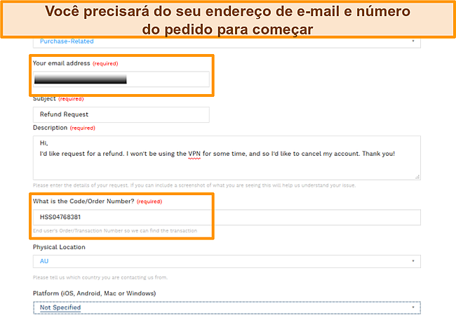 Captura de tela do formul&aacute;rio de ticket de e-mail do Hotspot Shield para reembolso.