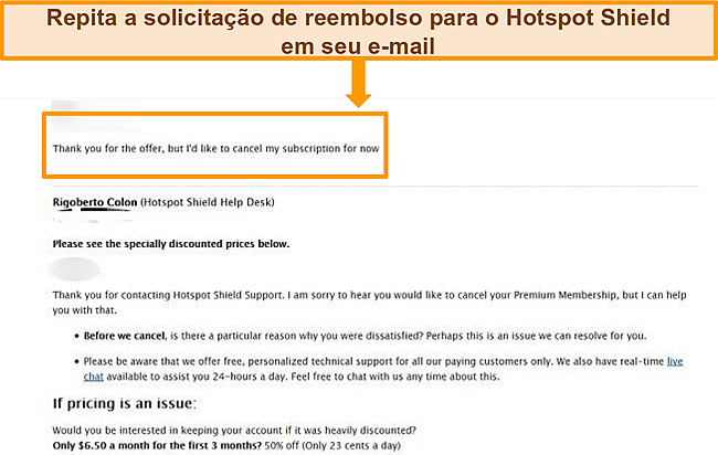 Captura de tela do formul&aacute;rio de ticket de e-mail do Hotspot Shield para reembolso.