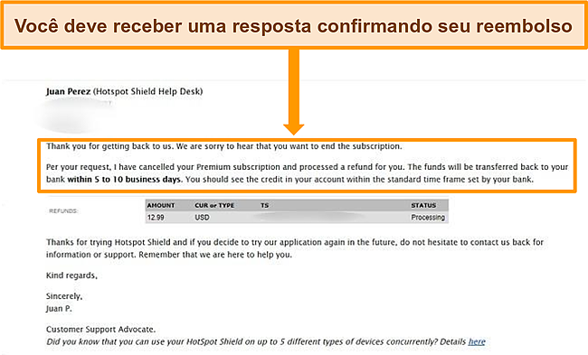 Captura de tela do e-mail de confirma&ccedil;&atilde;o de reembolso do Hotspot Shield.