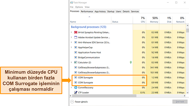 2 COM Vekil işlemi vurgulanmış olarak Windows G&ouml;rev y&ouml;neticisinin ekran g&ouml;r&uuml;nt&uuml;s&uuml;.