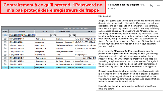 Probl&egrave;me d'enregistreur de frappe 1Password.