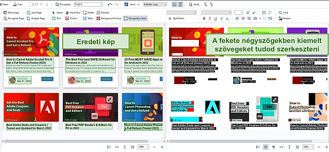 K&eacute;pernyők&eacute;p a felt&ouml;lt&ouml;tt k&eacute;p &eacute;s a szerkeszthető sz&ouml;veg egym&aacute;s melletti n&eacute;zet&eacute;ről.