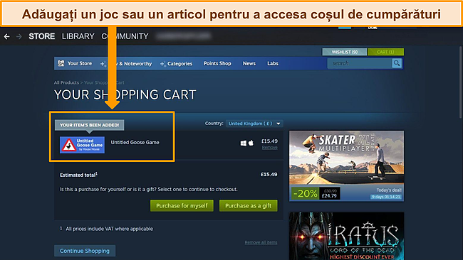 Captură de ecran a tabloului de bord Steam cu evidențierea unui joc adăugat recent &icirc;n coș.
