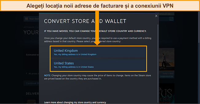 Captură de ecran a meniului Steam &bdquo;Convertiți magazin și portofel&rdquo; cu opțiunile de locație evidențiate.