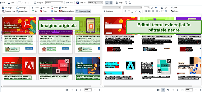 Captură de ecran cu vizualizarea alăturată a imaginii &icirc;ncărcate și a textului editabil.