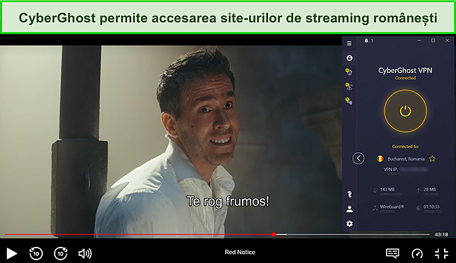 Captură de ecran a CyberGhost care deblochează Red Notice pe Netflix Rom&acirc;nia.