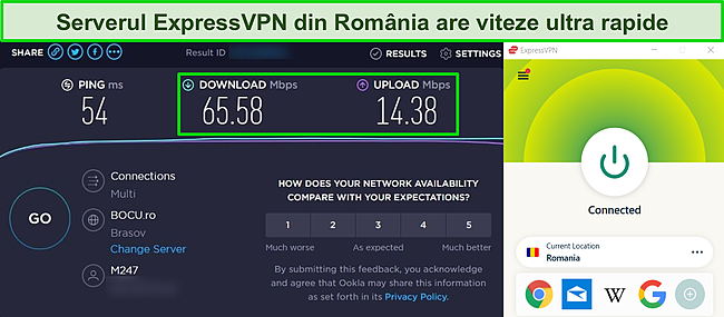 Captură de ecran a unui test de viteză efectuat pe serverul ExpressVPN din Rom&acirc;nia.