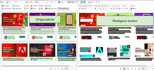 Sk&auml;rmdump av sida vid sida vy av uppladdad bild och redigerbar text.