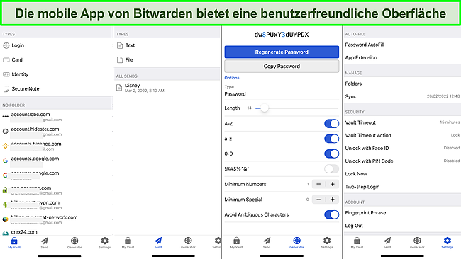 Screenshot der Benutzeroberfl&auml;che der mobilen Bitwarden-App.
