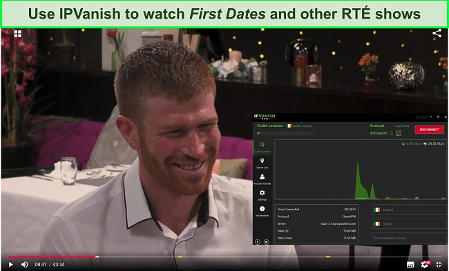 Screenshot of IPVanish working with RT&Eacute; Player