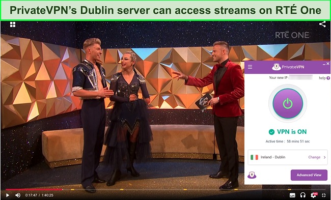 Screenshot of PrivateVPN working with RT&Eacute; One