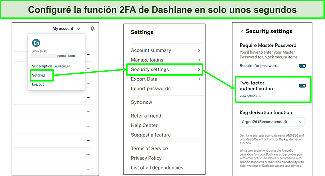 Captura de pantalla de la activaci&oacute;n de la funci&oacute;n 2FA de Dashlane.
