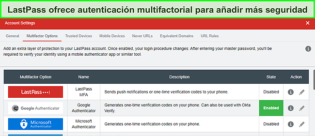 Captura de pantalla de la p&aacute;gina de configuraci&oacute;n de LastPass Authenticator.