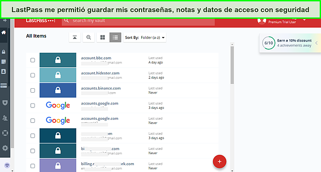 Captura de pantalla de la b&oacute;veda de LastPass.