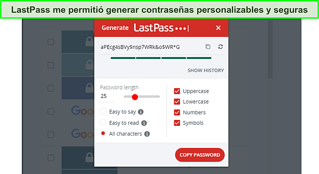 Captura de pantalla del generador de contrase&ntilde;as de LastPass.