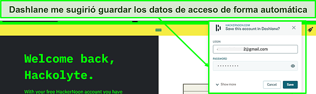 Captura de pantalla de la funci&oacute;n de guardado autom&aacute;tico de Dashlane en uso.