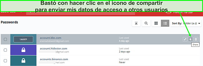 Captura de pantalla del uso compartido de contrase&ntilde;as de LastPass.