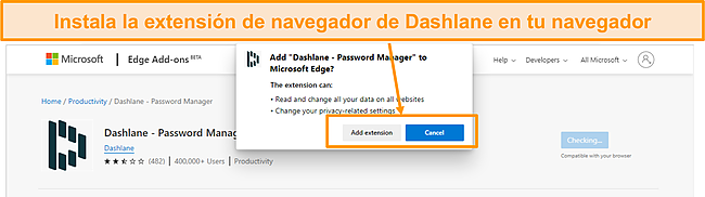 Captura de pantalla de la instalaci&oacute;n de la extensi&oacute;n del navegador de Dashlane.