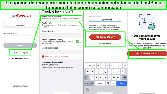 Captura de pantalla de la opci&oacute;n de recuperaci&oacute;n de cuenta de LastPass Face ID.