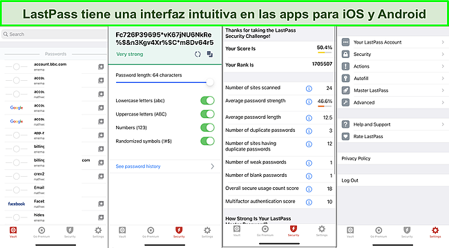 Captura de pantalla de la interfaz de la aplicaci&oacute;n iOS de LastPass.
