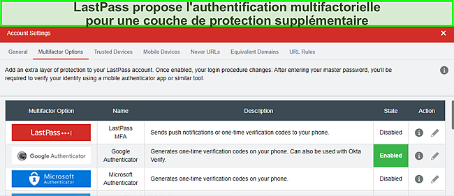 Capture d'&eacute;cran de la page de configuration de LastPass Authenticator.
