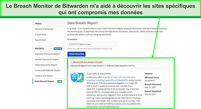 Capture d'&eacute;cran du moniteur de violation de Bitwarden.