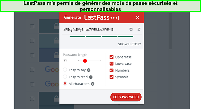 Capture d'&eacute;cran du g&eacute;n&eacute;rateur de mot de passe LastPass.