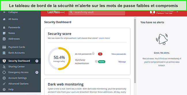 Capture d'&eacute;cran du tableau de bord de s&eacute;curit&eacute; LastPass.
