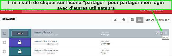 Capture d'&eacute;cran du partage de mot de passe LastPass.