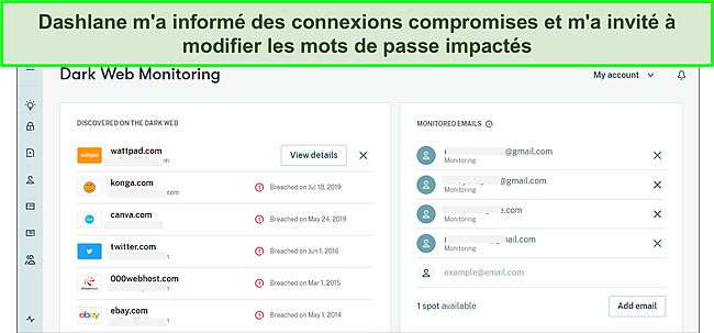 Capture d'&eacute;cran du moniteur Web sombre de Dashlane.