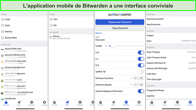 Capture d'&eacute;cran de l'interface de l'application mobile Bitwarden.
