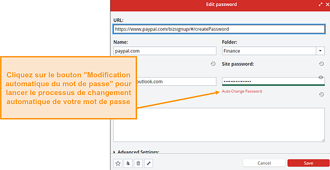 Capture d'&eacute;cran du bouton de changement automatique de mot de passe LastPass.