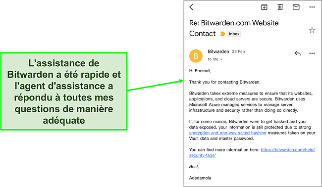Capture d'&eacute;cran du chat par e-mail de l'assistance Bitwarden.