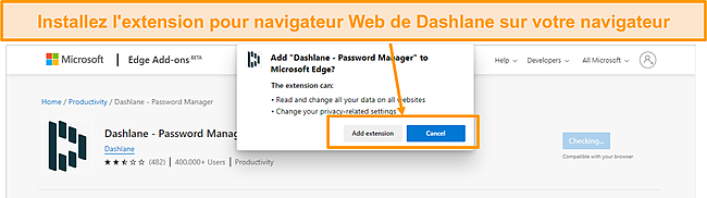Capture d'&eacute;cran de l'installation de l'extension de navigateur Dashlane.