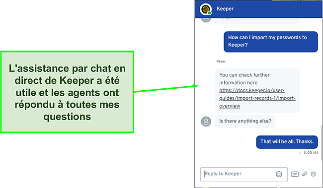 Capture d'&eacute;cran de l'assistance par chat en direct de Keeper.