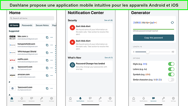 Capture d'&eacute;cran de l'interface de l'application mobile Dashlane.