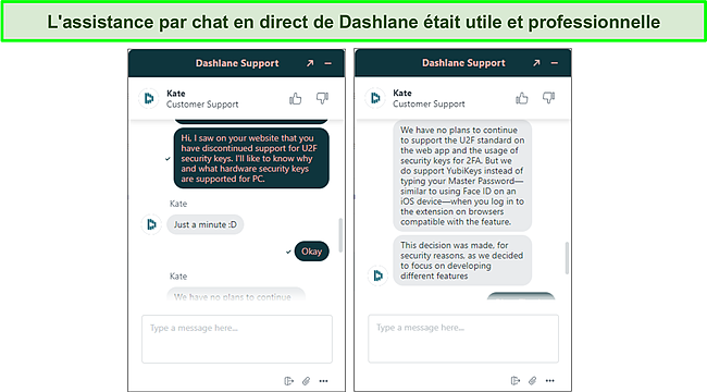Capture d'&eacute;cran de l'assistance par chat en direct de Dashlane.
