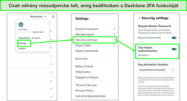 K&eacute;pernyők&eacute;p a Dashlane 2FA funkci&oacute;j&aacute;nak aktiv&aacute;l&aacute;s&aacute;r&oacute;l.