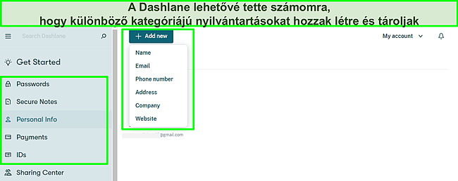 K&eacute;pernyők&eacute;p a szem&eacute;lyes rekordok felv&eacute;tel&eacute;ről a Dashlane t&aacute;rol&oacute;mhoz.