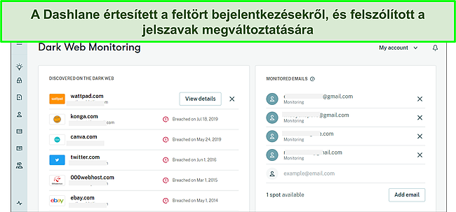 K&eacute;pernyők&eacute;p a Dashlane s&ouml;t&eacute;t webmonitor&aacute;r&oacute;l.