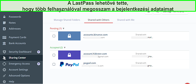 K&eacute;pernyők&eacute;p a LastPass megoszt&oacute; k&ouml;zpontr&oacute;l.
