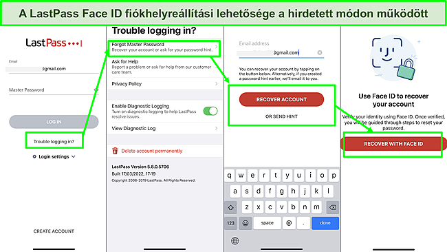 K&eacute;pernyők&eacute;p a LastPass Face ID fi&oacute;k-helyre&aacute;ll&iacute;t&aacute;si lehetős&eacute;gről.
