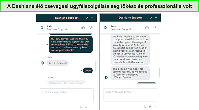 K&eacute;pernyők&eacute;p a Dashlane &eacute;lő chat t&aacute;mogat&aacute;s&aacute;r&oacute;l.