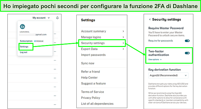 Screenshot dell'attivazione della funzione 2FA di Dashlane.