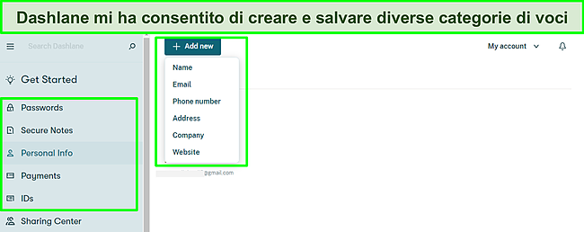 Screenshot dell'aggiunta di record personali al mio vault Dashlane.